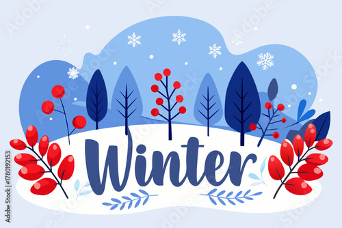 Vector flat illustration of winter nature with snowflakes, frozen trees, and foliage, minimalist seasonal background for banners or wallpapers