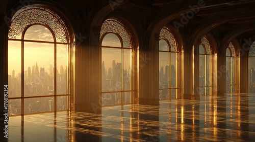 Luxurious hall with arched windows overlooking a golden cityscape at sunrise