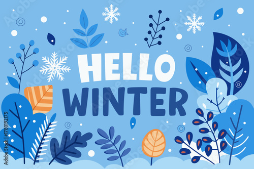 Winter holiday vector illustration with snowflakes, pine leaves, berries, and night blue sky, modern seasonal design for festive cards and posters