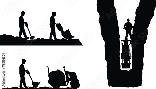 Construction workers digging trench and compacting soil, professional excavation and groundwork with equipment, infrastructure development and civil engineering concept