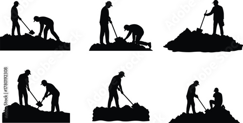 Construction workers digging and shoveling soil at a worksite, teamwork in excavation and groundwork operations for building or infrastructure projects