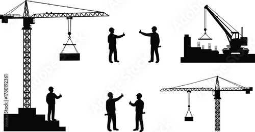 Construction workers giving thumbs up at building site with cranes lifting materials, teamwork, safety, engineering, architecture, industrial development concept