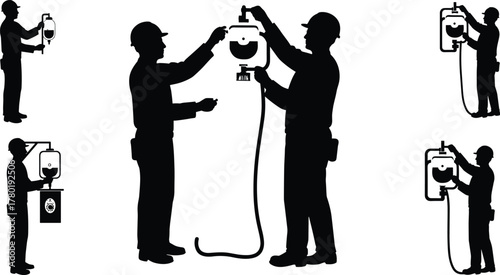 Construction workers installing electrical wall socket, wiring power outlet, safety inspection, electricity maintenance, teamwork connection, industrial electrical installation and repair service