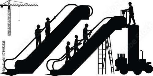 Construction workers installing escalators and performing maintenance with cranes and lifts during building construction in an industrial work environment