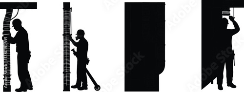 Construction workers installing flexible ventilation duct system in building interior, securing HVAC air ducts and ensuring proper airflow setup during infrastructure project