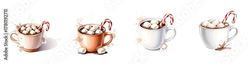 Four mugs with hot chocolate marshmallows and candy canes isolated cocoa transparent background