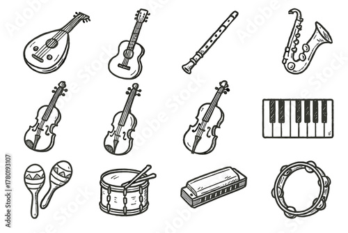 Instrument maracas tambourine keys music icons set icon trumpet vector drum acoustic