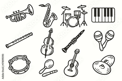 Jazz icons drum clarinet bass guitar vector tools cymbals icon flute instruments