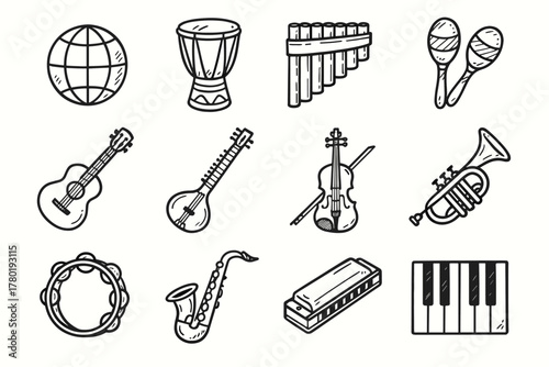 Icon maracas tambourine trumpet flute violin musical icons vector pan instruments music