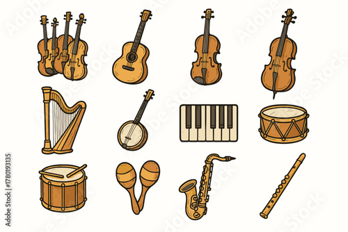 Musical banjo icon flute drum acoustic guitar instrument vector icons keys section
