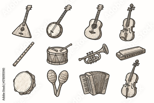 Acoustic instrument vector folk guitar cello icons banjo instruments flute icon cymbals
