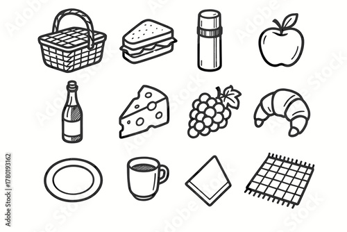 Wedge apple grapes cup icon blanket vector set wine bottle picnic
