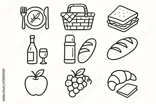 Vector icon sandwich outdoor napkin basket croissant icons cheese apple wine grapes
