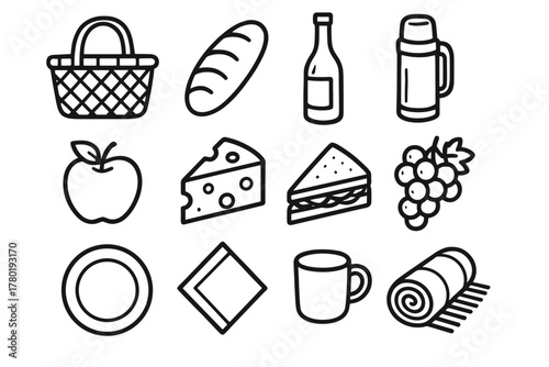 Wine grapes set picnic icon napkin vector sandwich bread bottle basket blanket