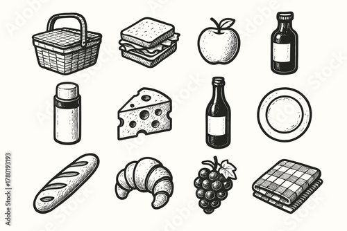 Blanket bottle icon sandwich bread cheese set grapes fruit basket vector picnic