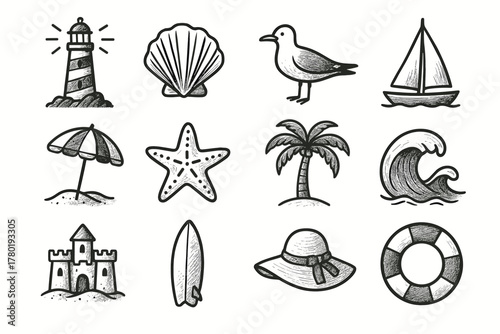 Surfboard vector seaside icon lifebuoy palm beach sailboat tree starfish set seashell