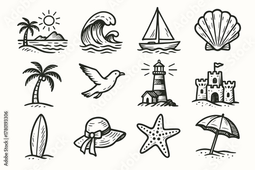 Lighthouse tree wave sandcastle vector scene set palm seashell icon seagull seaside