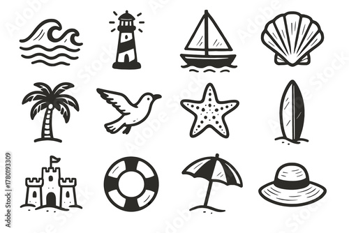 Beach tree starfish waves icons vector collection ocean icon seaside umbrella lighthouse