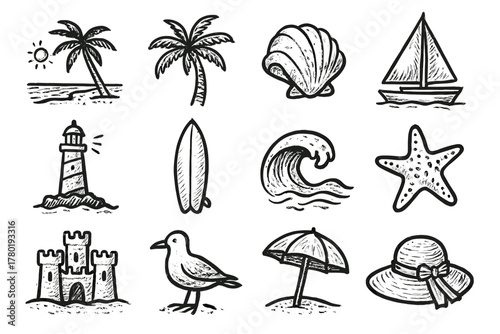 Vector icon surfboard sandcastle set tree seaside lighthouse hat sailboat seagull palm