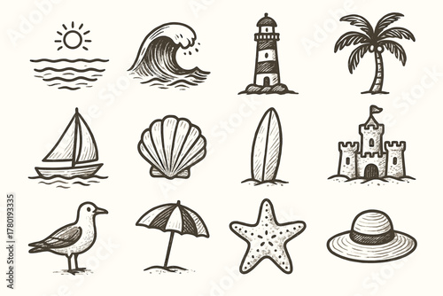 Starfish seaside holiday set palm tree icon wave vector hat seashell sun