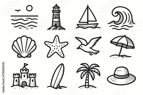 Sailboat starfish surfboard palm seagull tree seaside vector seashell collection icon sandcastle