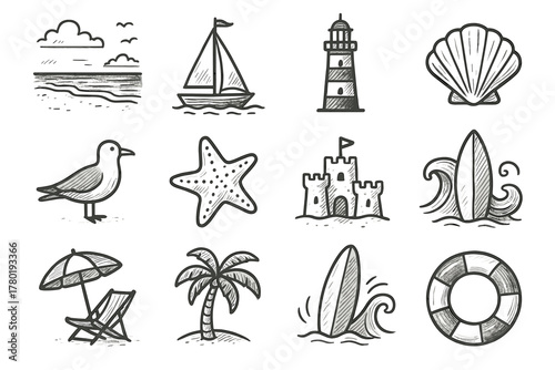 Lighthouse icon seaside seashell vector tree sandcastle palm set wave surfboard seagull