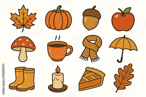 Vector pie mushroom autumn leaf icon collection slice boots apple candle umbrella