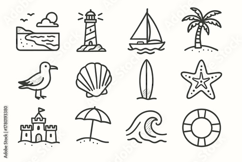 Set icon seaside vector palm seashell tree sandcastle umbrella shore lifebuoy seagull