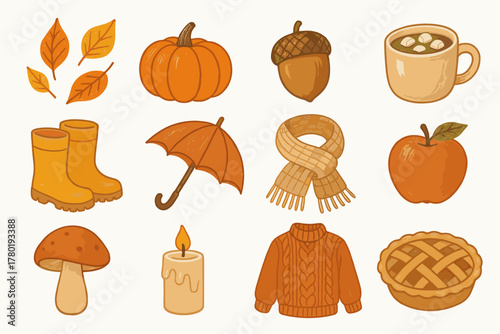 Autumn boots pumpkin umbrella icon acorn pie icons rain vector grid falling