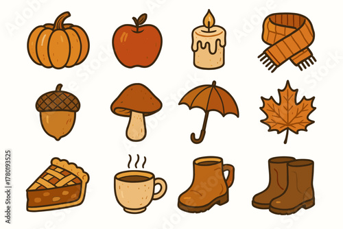 Umbrella icon charm autumn pumpkin mushroom maple set leaf scarf vector pie
