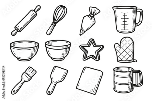 Icons sifter oven whisk bowl tools cutter baking bag rolling flour icon