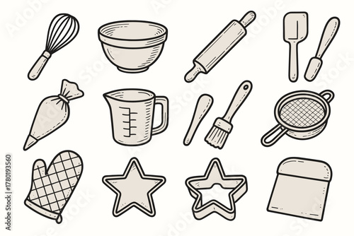 Piping dough tools pin icon vector cutter baking dessert rolling bowl spatula