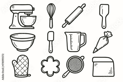 Measuring baking icons set bowl pastry vector mixing mitt icon tools brush