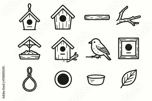 Birdhouse icon roofed stick cup vector tree collection wooden feeder round tray