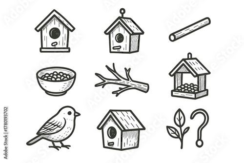 Perch set birdhouse vector support tree small detail nature icon hanging leaf