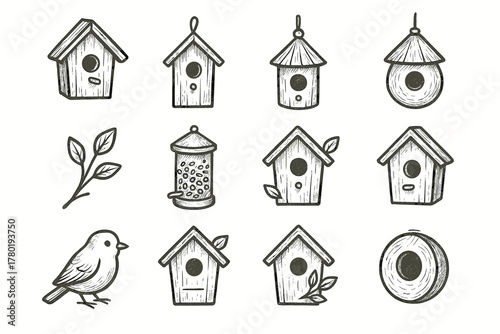 Bird nest decor twig vector leaf birdhouse hole set seed round icon