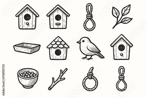 Birdhouse set cozy loop shelters icon tiny vector knot hanging tray