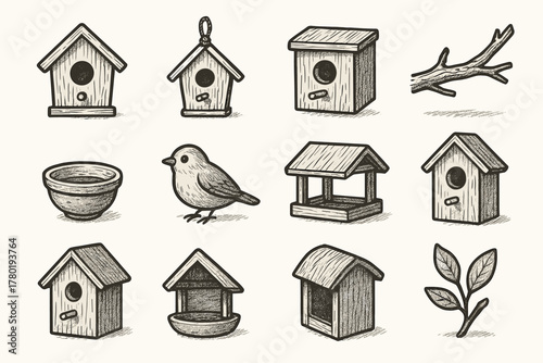 Cup rope icon shadow birdhouse leaf vector set perch bird nesting wooden