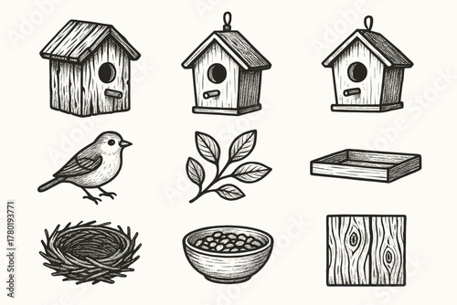 Circular leaves birdhouse hole texture icon branch nest vector small hanger rustic