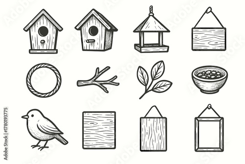 Birdhouse rope vector twig frame round small perch icon opening hanging set