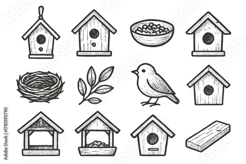 Tray leaf birdhouse perch hole cozy feeders wooden icon vector round