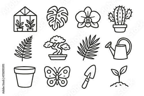 Vector butterfly icon fern botanical garden greenhouse monstera bonsai cactus icons shovel