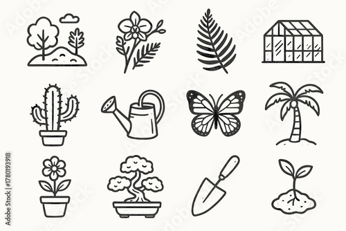 Bloom sprout greenhouse watering icon trowel palm flower set natural vector botanical
