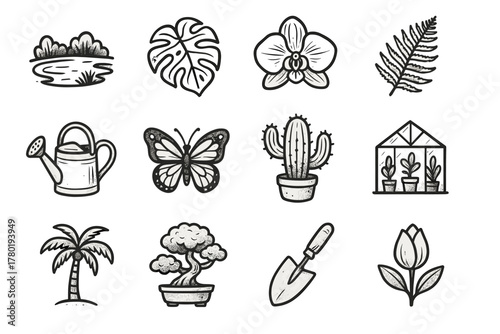 Icon cactus flora palm icons vector watering garden can serene greenhouse botanical
