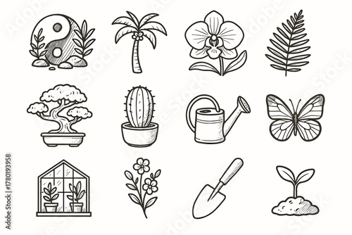 Orchid tree greenhouse icons butterfly icon bonsai vector botanical plant sprig shovel