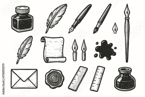 Calligraphy scroll set vector fountain icon dip ink holder seal nibs pen