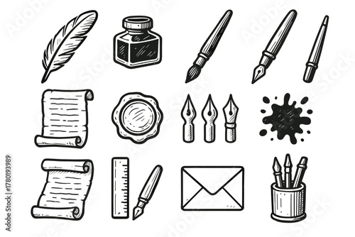 Vector quill ruler collection pen icon blot calligraphy seal nib envelope paper