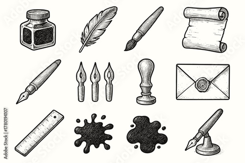 Wax vector ink artisan icons roll tools ruler calligraphy quill icon writing