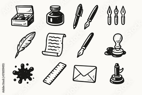 Ink blot fountain tools brush calligraphy nib kit vector feather icons parchment