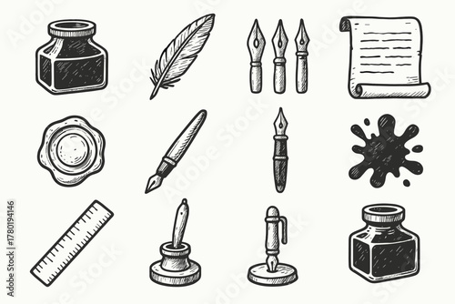 Set writing icon vector pen brush calligraphy parchment wax inkwell nib